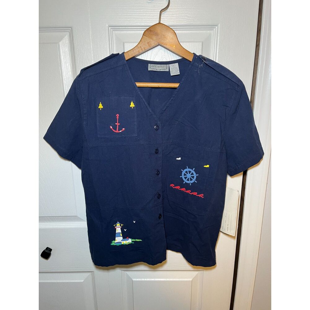 NWT Jane Ashley Nautical Embroidered Button Front Cotton Top Medium